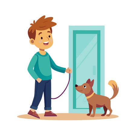 Cartoon boy walking his loyal dog, illustrating companionship, health, and pet adoption in a modern styleのイラスト素材