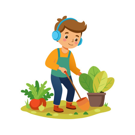 Cartoon boy with headphones gardening plants and vegetables, isolated on white backdrop, illustrationのイラスト素材