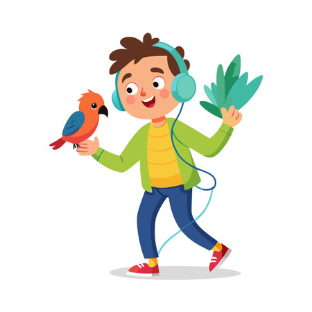Boy Listening to Music with Headphones and a Parrot, Enjoying Greeneryのイラスト素材