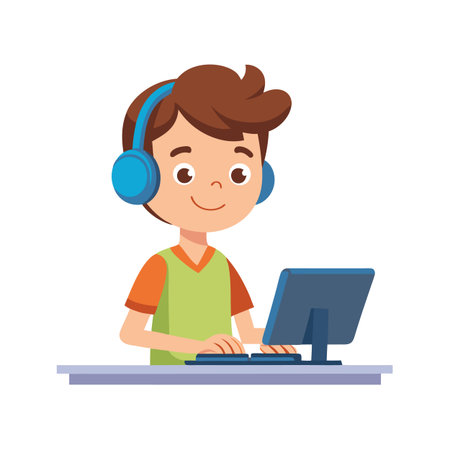 Cartoon boy with headphones at a computer, flat vector illustration of a childのイラスト素材