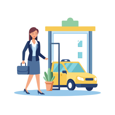 Businesswoman walking near autonomous taxi garage with plant pot and muted color schemeのイラスト素材