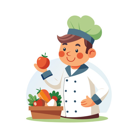 Chef Presenting Fresh Ingredients: A Cheerful Cartoon Illustration for Culinary Arts and Healthy Eatingのイラスト素材