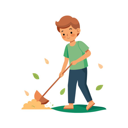 Young boy raking leaves in a clean vector illustration for stock image useのイラスト素材