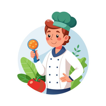 Illustrated young chef in uniform holding spoon surrounded by plants and red tomato ingredientのイラスト素材
