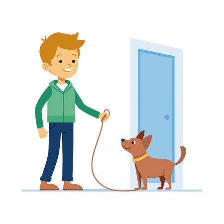 Happy boy with his dog ready to go out through the front door togetherのイラスト素材