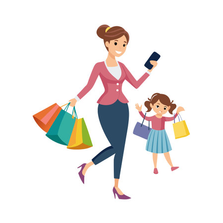 Mother and daughter with shopping bags, walking and using a mobile phone after shopping spreeのイラスト素材