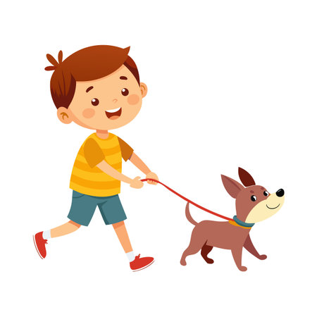 Cartoon illustration of a young boy walking a brown dog on a red leashのイラスト素材
