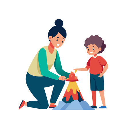 Mother and son doing a volcano science experiment at home together in a cute settingのイラスト素材