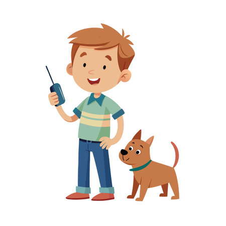 Cartoon boy with walkie-talkie accompanied by his friendly dog, isolated against a white background.のイラスト素材