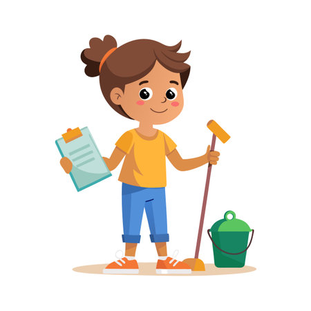 Cartoon girl with cleaning equipment and clipboard standing against a white backdrop, ready to workのイラスト素材