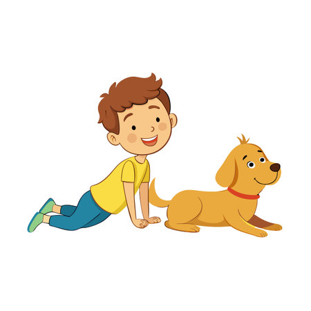 Cartoon boy doing yoga pose with his dog friend lying next to him on the floorのイラスト素材