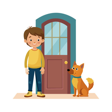 Cartoon Boy with a Friendly Dog Standing By the Front Door of the Houseのイラスト素材