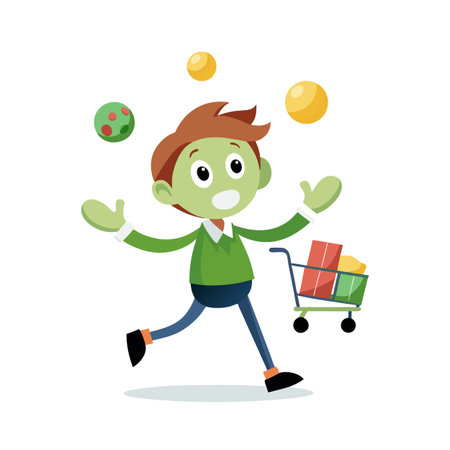 Cartoon character juggling balls while pushing shopping cart with presents and food itemsのイラスト素材