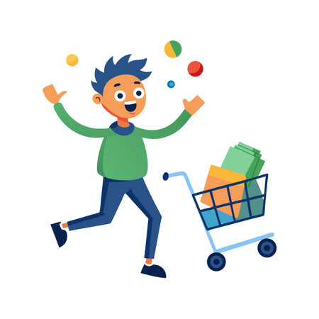 Happy Man Juggling With Shopping Cart Full of Money and Gifts, Cartoon Styleのイラスト素材