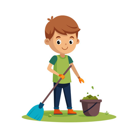 Cartoon boy tidying the yard with a rake and a bucket full of leavesのイラスト素材