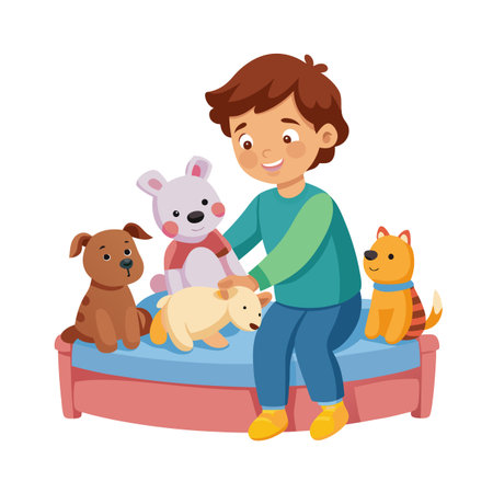 Boy sits on bed surrounded by stuffed animal toys playing in a flat illustrationのイラスト素材