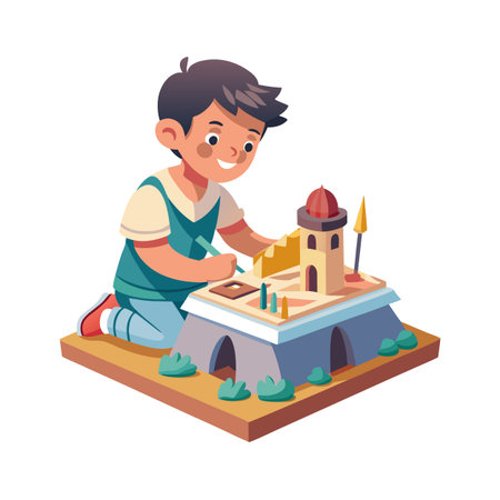 Child Architect: A boy engrossed in constructing a miniature building with vibrant colors and playful shapesのイラスト素材
