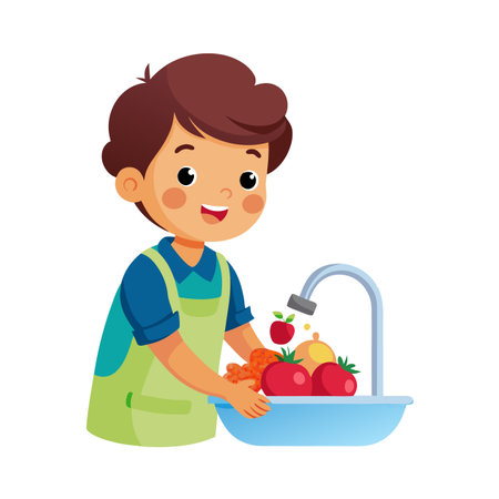 Cartoon boy washing fresh produce in a sink, promoting healthy eating and food preparationのイラスト素材