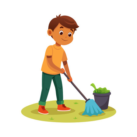 Boy Cleaning with a Mop and Bucket of Green Waste in a Cartoon Styleのイラスト素材