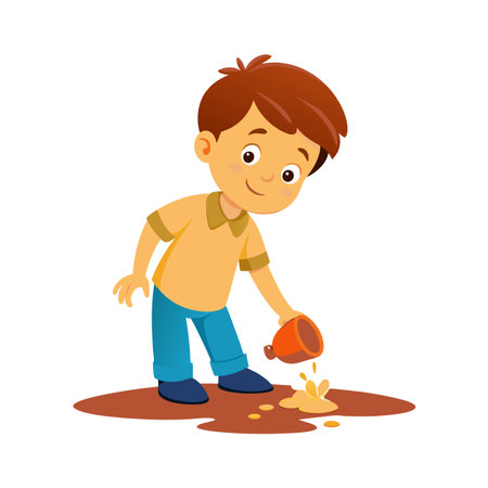Cartoon boy accidentally spills liquid from an orange container onto a brown surfaceのイラスト素材
