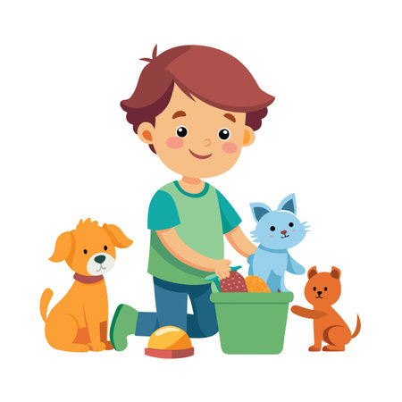 Cartoon Boy Placing Toy Animals in a Green Bucket: A Children's Illustrationのイラスト素材