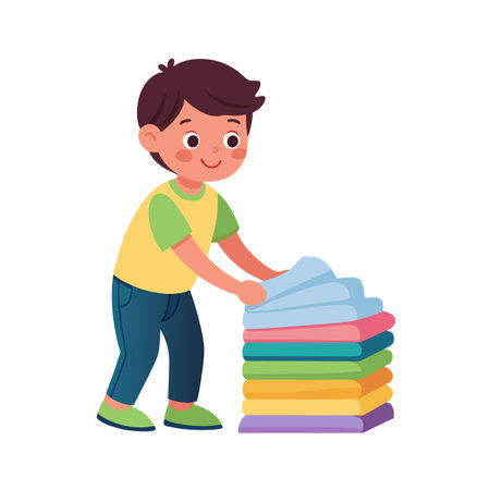 A cheerful young boy folding a stack of colorful laundry in a cartoon style illustrationのイラスト素材