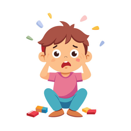 Young boy with distraught expression surrounded by scattered blocks, illustrating childhood frustrationのイラスト素材
