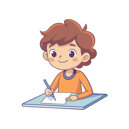 Cartoon illustration of a smiling boy writing or drawing on paper with a penのイラスト素材
