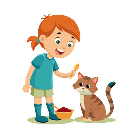 Girl Feeding Cute Brown Cat with Spoon from Bowl, Isolated on White Backgroundのイラスト素材