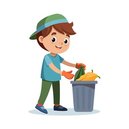 Cartoon illustration of a young boy throwing trash into a bin outdoors with glovesのイラスト素材