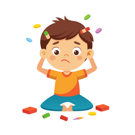 Frustrated Cartoon Boy Surrounded by Scattered Colorful Toys, Experiencing Overwhelm and Sensory Overloadのイラスト素材