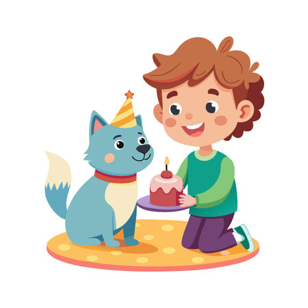 Happy birthday celebration featuring a boy, his pet dog with birthday cake and candleのイラスト素材