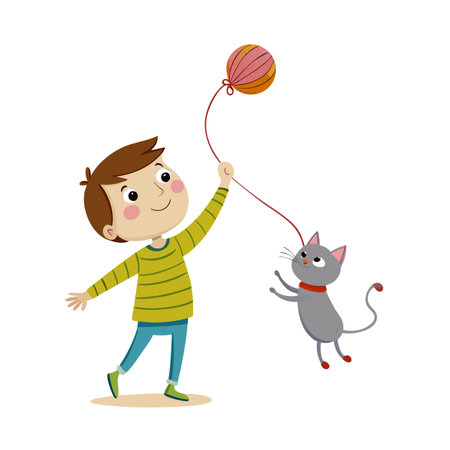 Illustration of a Boy Playing with a Cat Using a Ball on a Stringのイラスト素材
