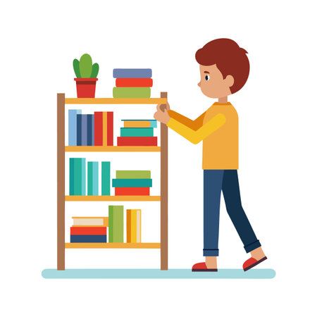 Young boy organizing books on a colorful bookshelf with a plant on topのイラスト素材