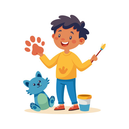 A happy cartoon boy is painting a cat plush toy with paw print designのイラスト素材