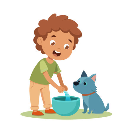 Boy Filling Dog Bowl with Water as Loyal Pet Watches Cartoon Illustrationのイラスト素材