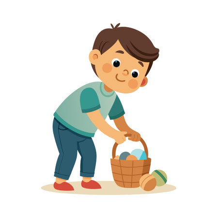 Young boy collecting colorful Easter eggs in a wicker basket, cartoon illustrationのイラスト素材