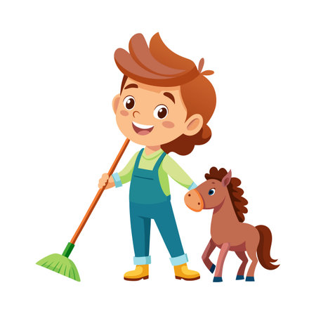 Cartoon Young Farmer Sweeping with a Horse Toy Vector Illustration on Whiteのイラスト素材