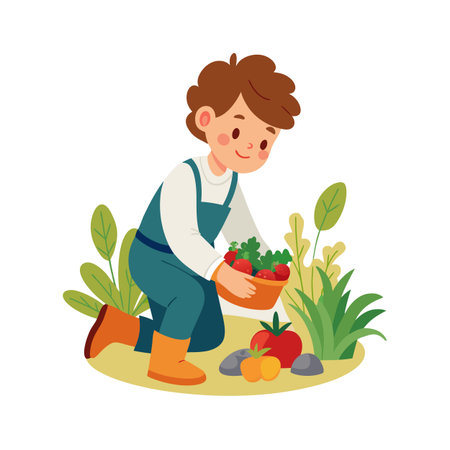 Boy harvests fresh vegetables from his garden wearing overalls and orange boots illustrationのイラスト素材