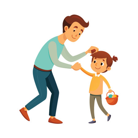Loving father assisting his daughter with her Easter egg hunt basket outdoors togetherのイラスト素材