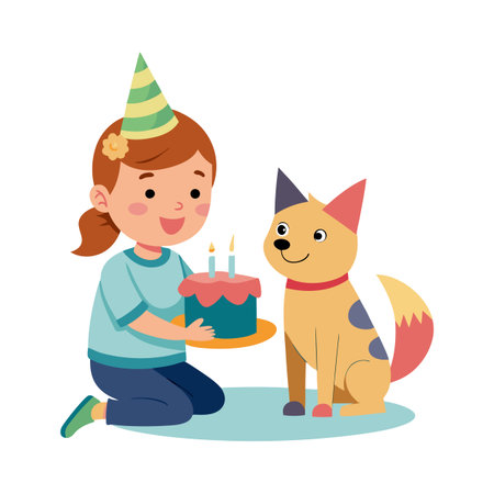 Girl celebrates birthday with her dog, holding a small birthday cake with candles in her handsのイラスト素材