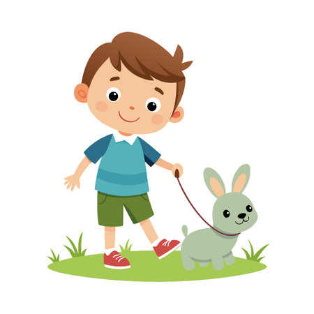 Cartoon boy walking a pet rabbit on a leash in a park sceneのイラスト素材