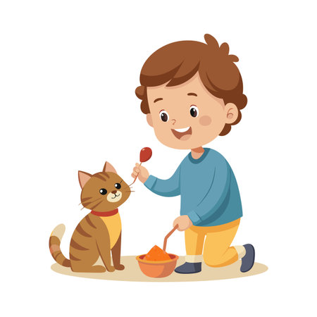 Illustration of a cheerful boy lovingly feeding his striped cat with a spoonful of treatのイラスト素材