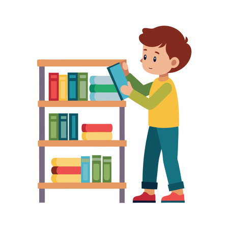 Boy taking a book from a bookshelf in a flat colorful vector illustrationのイラスト素材