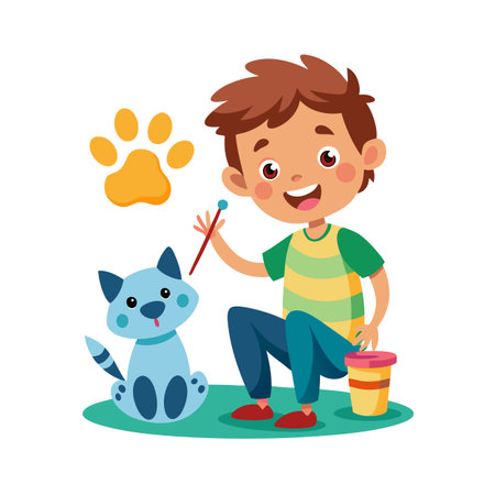 Happy boy painting a blue cartoon dog near a yellow paw print illustrationのイラスト素材