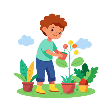 Young Boy Gardening with Potted Plants and Blue Sky in the Background Illustrationのイラスト素材