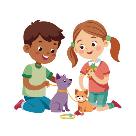 Diverse children bonding with their dogs in a cute, colorful cartoon illustrationのイラスト素材