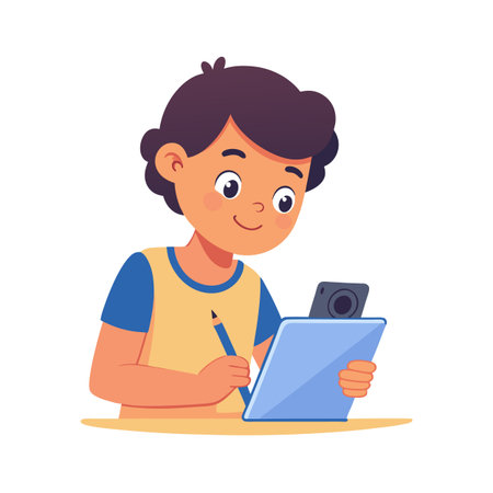 Young boy cartoon character drawing on a tablet with a pencil in flat styleのイラスト素材
