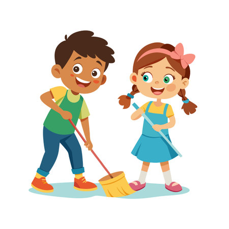 Cheerful cartoon children cleaning together with a broom and mop in a bright environmentのイラスト素材
