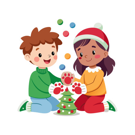 Two children decorating Christmas tree with colorful ornaments and wearing hats in a flat designのイラスト素材